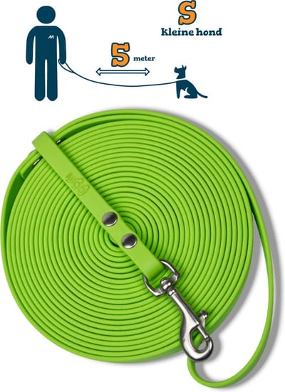 Miqdi lange lijn - BioThane – lichtgroen - 5 meter lang – 9mm breed – XS/S – kleine hond – lange hondenriem