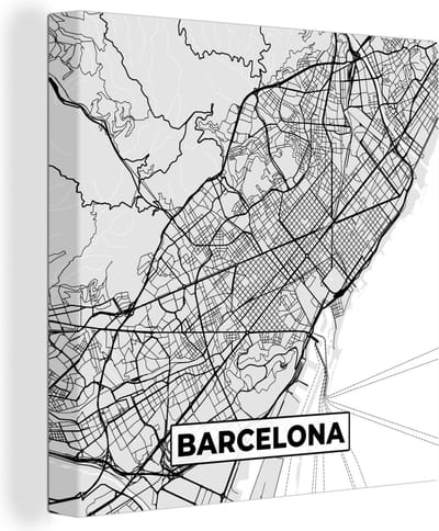 Canvas Schilderij Barcelona - Stadskaart - Plattegrond - Zwart Wit - Kaart - 20x20 cm - Wanddecoratie