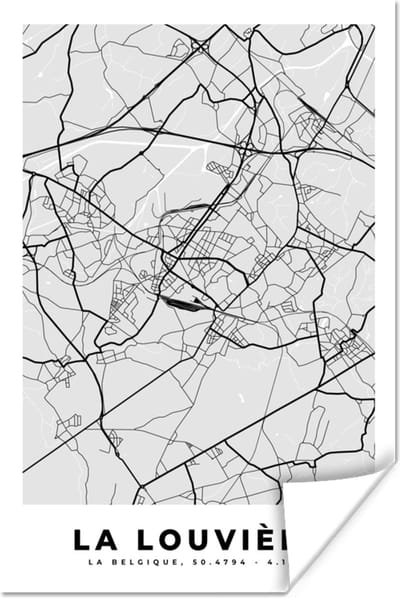 Poster Stadskaart – Zwart Wit - Kaart – La Louvière – België – Plattegrond - 120x180 cm XXL