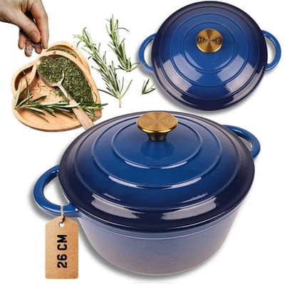 Hage - Braadpan - Geëmailleerde Gietijzeren Braadpan - Casserole - Geschikt voor Inductie, Gas & Oven - Inclusief Pannenonderzetter & Handgreepbeschermers - 3 Liter - Ø22 x 9.5 cm - Blauw