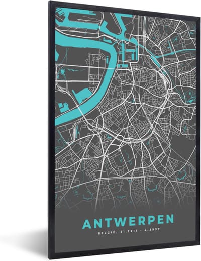 Fotolijst incl. Poster - Stadskaart – Grijs - Kaart – Antwerpen – België – Plattegrond - 40x60 cm - Posterlijst