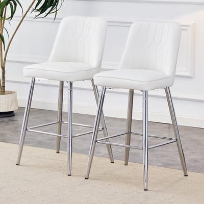 Barkruk set van 2-Barkrukken-Keukenstoel-Moderne stijl-Hoogte 100 cm-Pu leer-Metaal- wit，lichtgrijs-Met rugleuning-gestoffeerde zitting