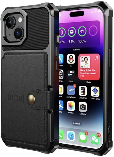 YPCd Hardcase Kaarthouder Hoesje – Geschikt voor Apple iPhone 14 Plus – Shockproof Backcover met Pasjesvak en Drukknop – Magneet voor Autohouder – Zwart