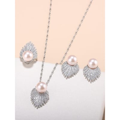 Ensembles de bijoux design de luxe avec grande perle naturelle, bague de mariage, collier et pendentif, boucles d'oreilles pour femmes resizable white