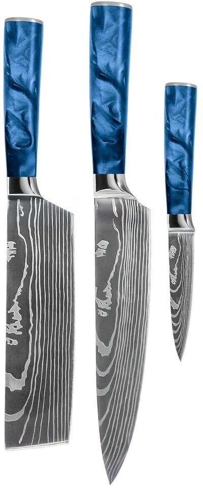 Shinrai Knives - Damascus Print Epoxy Sapphire 3-delige Messenset - Koksmes + Nakiri + Schilmes