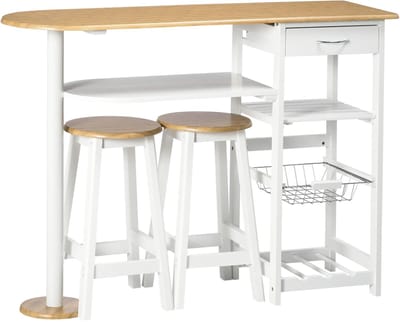 Sello! bartafel set – 2 krukken – barkrukken – compact stijlvol design – lade – draadmand – flessenrek – hout – staal – wit