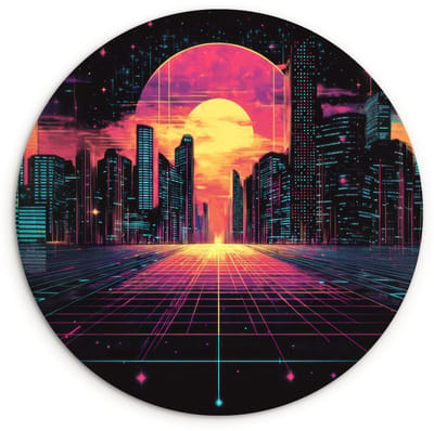 WallCircle® Wandcirkel 120x120 cm - Muurcirkel Stad - Gebouwen - Zon - Geel - Muurdecoratie woonkamer - Wanddecoratie slaapkamer - Kamer decoratie accessoires - Ronde schilderijen XXL