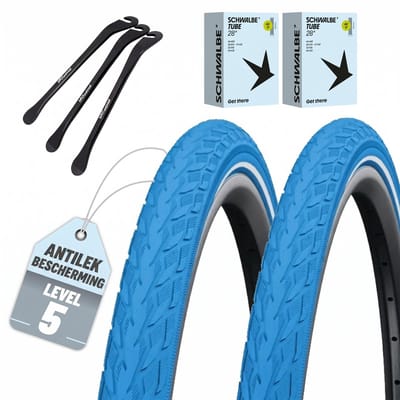 2-delige set Schwalbe fietsbanden Delta Cruiser Plus HS 431 28 x1.40 inch (37-622) blauw + AV binnenbanden + 3x MSZweirad bandenlichters