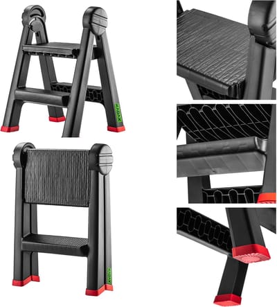 KADAX Werkplaats Klapladder, 47x44x63cm Trapladder van kunststof, opklapbare trap met 2 treden, belastbaar tot 150 kg, trapladder, kantoor opstapkruk (2 treden/zwart)