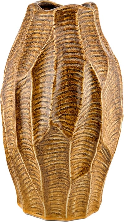 HomeBound by KY | Aardewerk vaas leaves oker | 17x17x28,5cm | bloemenvaas keramiek bladeren bruin