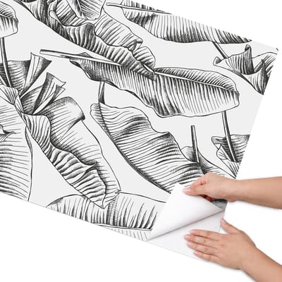 Coloray Meubel Wrap Folie - Zwart-wit Meubelfolie - 75x150 cm - Decoratiefolie Bananenbladeren - Meubel Wrap Folie - Modern Meubelfolie - Plakfolie Meubels - Keuken decoratie - Bloemen en planten