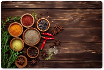 Placemats 45x30 cm - Placemat kunststof - 1 stuk - Kruiden - Specerijen - Rode peper - Hout print - Stilleven - Borden onderleggers - Decoratie voor op tafel - Keuken tafeldecoratie accessoires - Vinyl onderlegger - Tafelversiering