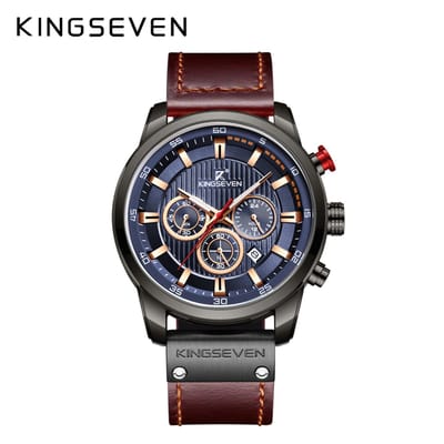 KINGSEVEN Herenhorloge 9507 – Blauw-Bruin – Quartz – Leren Band – Roestvrij Staal – Datum Aanduiding – Sportief & Luxe Design – 45mm