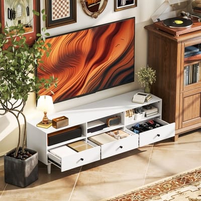 MEUNIQ TV-meubel 140 x 34 x 45 cm met 3 lades, 3 open vakken en kabelmanagement, TV-lowboard voor woonkamer, geschikt voor tv tot 75 inch, wit