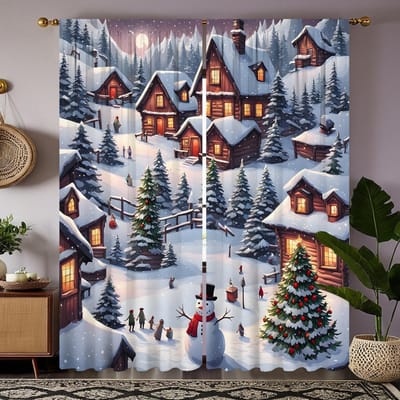 2 stuks HD Winter Kerst Blokhut Stad Sneeuwpop decoratief gordijn Wit lint digitaal bedrukt gordijn Woondecoratie stijl De W52H63inchW132H160cm black