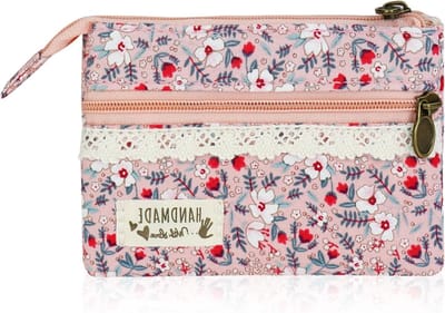 Vrouwelijke mini muntentas met 2 ritszakken, bloemenpatroon, katoen, ideaal voor kleingeld en munten, trendy en praktisch in het roze