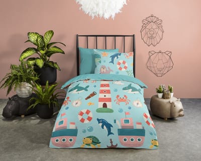 Pure dekbedovertrek zeedieren - 1 persoons 140x200/220 cm - Aqua - Microvezel