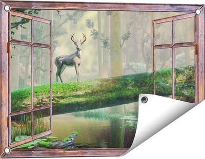 Gards Tuinposter Doorkijk Hert in het Bos op een Boom - 60x40 cm - Tuindoek - Tuindecoratie - Wanddecoratie buiten - Tuinschilderij