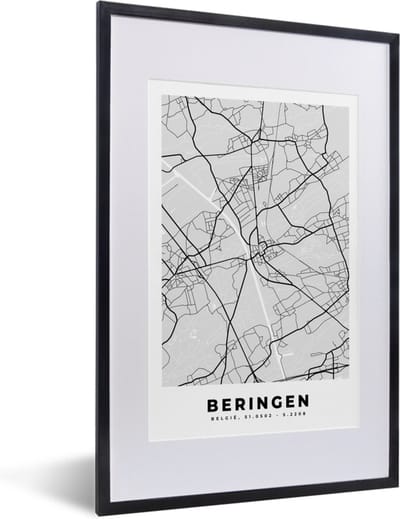Fotolijst incl. Poster Zwart Wit- Zwart Wit – België – Plattegrond – Stadskaart – Kaart – Beringen - 40x60 cm - Posterlijst