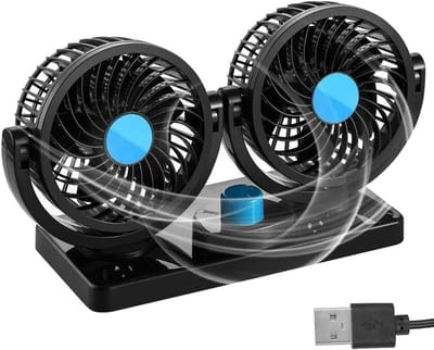 Dubbele Kop Auto Ventilator, 2 Snelheden, 360° Draaibaar, Stil en Draagbaar, Universele USB Ventilator voor Auto's, Vrachtwagens en Campers
