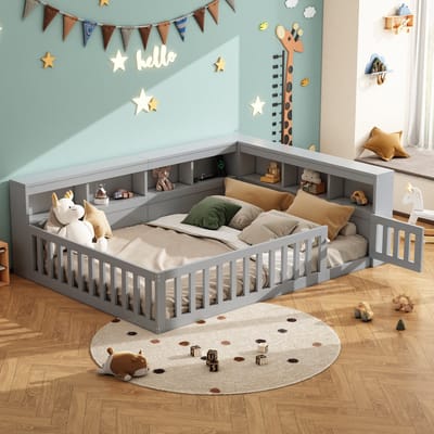 MODFU Ledikant 140x190 cm – Spaanplaat en MDF – Met opbergruimte, USB & stopcontact – Grijs