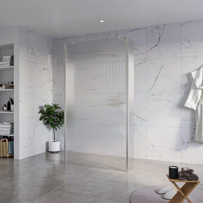 FugaFlow Eccelente Vetro Vrijstaande inloopdouche badkamer - 110x200cm - Helder geribbeld - antikalk - 8mm veiligheidsglas - 2 zijwanden 30cm - met wandarmen en hoekprofielen - RVS geborsteld -