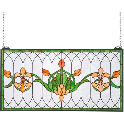 Panneau de fenêtre en vitrail, 810 x 433 mm, Panneau de fenêtre de vasistas suspendu style Tiffany avec chaîne, Grand rectangle horizontal en vitrail, Vintage