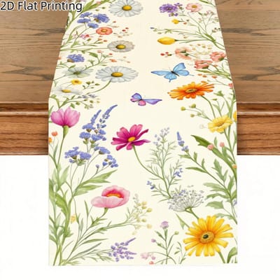 Chemin de table en lin Marguerites Papillons Printemps Décoration de Fête Plantes Florales Aquarelle Chemin de table pour Table de Cuisine Salle à Manger Décorations de Mariage 150x33cm