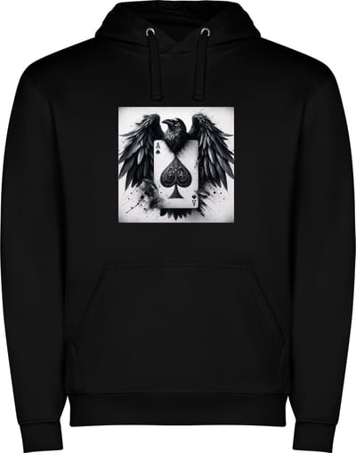 Zwarte unisex hoodie met “ Kleurrijke Speelkaart Schoppen Aas – Harten – Schoppen – Klaver – Ruit “ Print Full Color Color merk Roly maat S