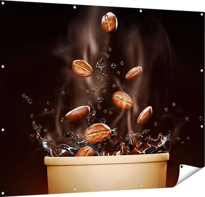 Gards Tuinposter Koffie Beker met Koffiebonen Erin - 150x120 cm - Tuindoek - Tuindecoratie - Wanddecoratie buiten - Tuinschilderij
