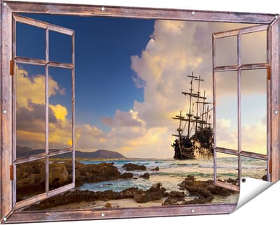 Gards Tuinposter Doorkijk Piratenschip aan de Kust bij Zonsondergang - 150x100 cm - Tuindoek - Tuindecoratie - Wanddecoratie buiten - Tuinschilderij