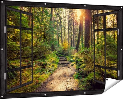 Gards Tuinposter Doorkijk Voetpad in het Bos - 150x100 cm - Tuindoek - Tuindecoratie - Wanddecoratie buiten - Tuinschilderij
