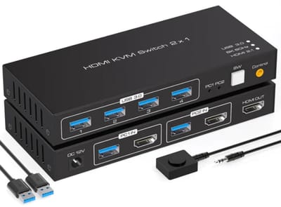 NÖRDIC KVM-154 KVM Switch - HDMI naar USB - 8K60Hz 4K120Hz, 4xUSB 3.1 - HDCP2.3 - HDR10 - 2 PC's op 1 Monitor - Zwart