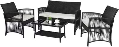 Rotan Tuinmeubelen Set - Voor Buiten en Balkon - 4 Stuks - Rotan Patio Meubelen - Weven Rieten Sofa Set met Kussens en Glazen Tafel - Zwart