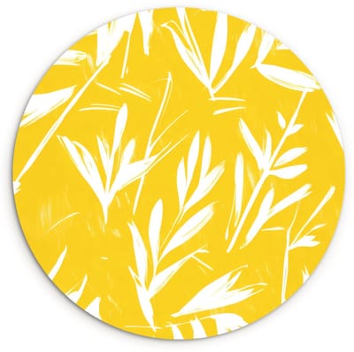 WallCircle® Wandcirkel 120x120 cm - Muurcirkel Abstract - Bladeren - Geel - Penseelstreken - Muurdecoratie woonkamer - Wanddecoratie slaapkamer - Kamer decoratie accessoires - Ronde schilderijen XXL