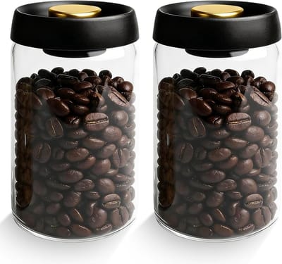 Koffievacuümcontainers van glas 1,8 liter - Luchtdicht koffiebonenhouder voor koffie, thee en noten met zwart deksel en gouden knop