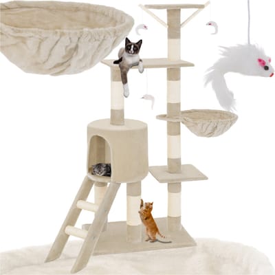 tectake® Krabpaal voor Katten - 144cm Beige - Middelgroot Krabmeubel met Sisalpalen, Grot en Trap - Kattenhuis, Klim- en Speelboom - Krabpaal, Kattenkrabpaal, Kattenboom