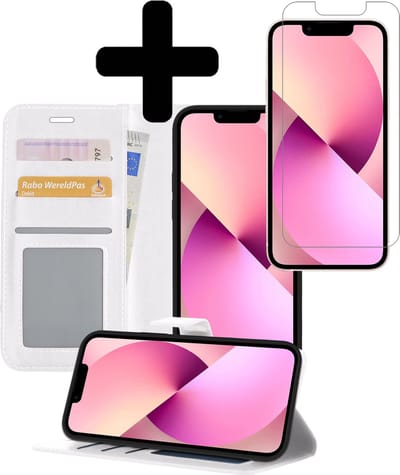 Hoesje - Met Screenprotector - Geschikt voor Apple iPhone 13 Mini - Luxe Pasjeshouder - Bookcase Portemonee - Flip Case - Kunstleer Book Case - Flipcase - Book Cover - Walletcase - Portemonneehoes - Telefoonhoesjes - Wit