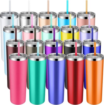 Set van 20 Roestvrijstalen Drinkbekers (20 oz) met Rietjes en Deksel - Dubbelwandig Geïsoleerd