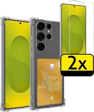 Hoesje - Geschikt voor Samsung Galaxy S25 Ultra - Met 2x Screenprotector - Pashouder - Kaarthouder - Telefoon Hoes Shockproof - Siliconen Case - Back Cover - Shock Proof - Pasjes Houder - Telefoonhoesjes - Transparant