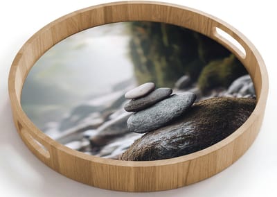 Dienblad rond 40x40 cm - Schootdienblad hout - Stenen - Stapel - Natuur - Borrelplank rechthoek - Plateau houten dienbladen
