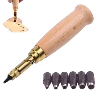 Automatische 6-delige perforator met houten handvat voor leer, papier en stof, 6 maten van 1.5 mm tot 4 mm