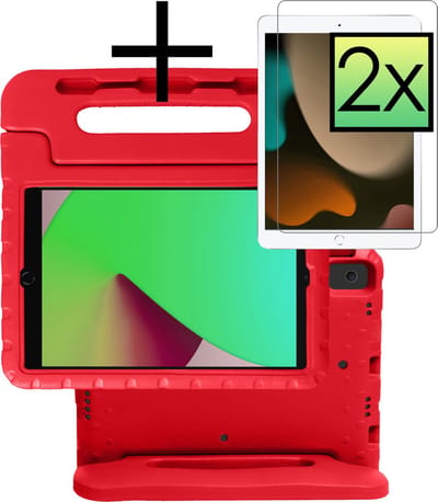 Hoes - Geschikt voor Apple iPad 7 (2019) - 10.2 inch - 7e Generatie - Met 2x Screenprotector - Kinderhoes Shockproof Bumper - Kidsproof Case - Tablet Hoesje - Kinder Cover - Rood