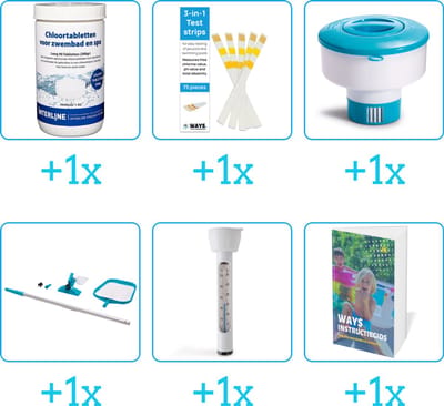 Zwembad Onderhoudspakket - Onderhoud Zwembad - bevat Chloor - Testrips - Chloordrijver - Schoonmaakset - Thermometer en Zwembadgids (6-delig)