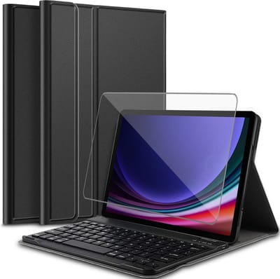 Hoes met toetsenbord geschikt voor Samsung Galaxy Tab S10 FE / S10 Lite / S9 FE / S9 - Screen Protector GlassGuard - Keyboard Book Case Cover Hoesje Zwart & Screenprotector