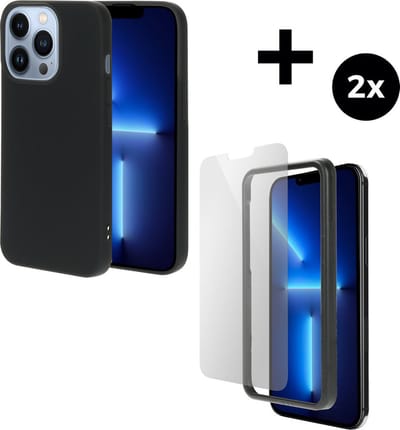 Mobiparts Silicone Cover hoesje geschikt voor Apple iPhone 13 Pro met 2 Screenprotectors van Gehard Glas - Zwart