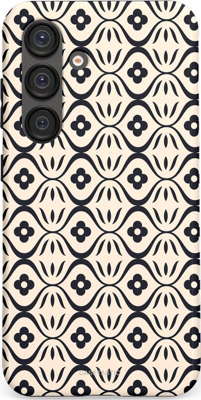 Casetastic hoesje geschikt voor Samsung Galaxy S25 - Dubbellaagse bescherming - Retro crème-zwarte bloemenprint - Fashion Case - Crème Grijs Donkergrijs