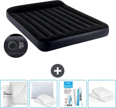 Intex Luchtbed - 2-Persoons - 152 x 203 x 25 cm - Blauw - Inclusief pomp - Hoeslaken - Kussen - Reparatieset en Kussenbeschermer