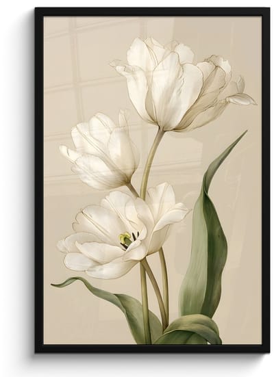Poster in lijst - Fotolijst 60x90 cm - Posters - Tulpen - Wit - Bladeren - Posterlijst zwart - Decoratie - Wanddecoratie woonkamer - Muurdecoratie slaapkamer