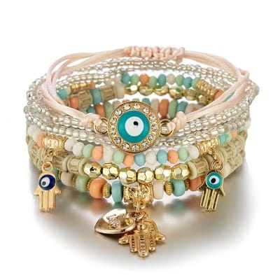 Sorprese Amara Armbandenset Dames - 6 Delige Armband Set - Bohemian Kralenarmband met Bedels - Verstelbare Armbandjes - Rose - Model ZZ